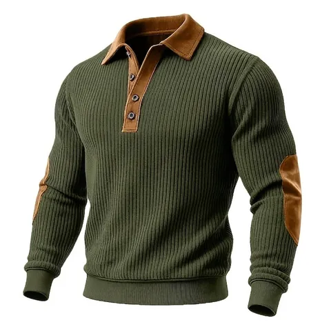 Men's Casual Striped Knit Sweatshirt With Suede Lapel Collar Contrast Elbow Patches Long Sleeve Pullover Autumn Winter Fashion Top