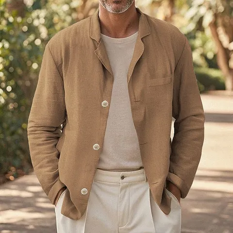 Men Casual Cotton Linen Blazer Notch Lapel Three Button Vintage Style Breathable Lightweight Sport Coat Jacket For Men