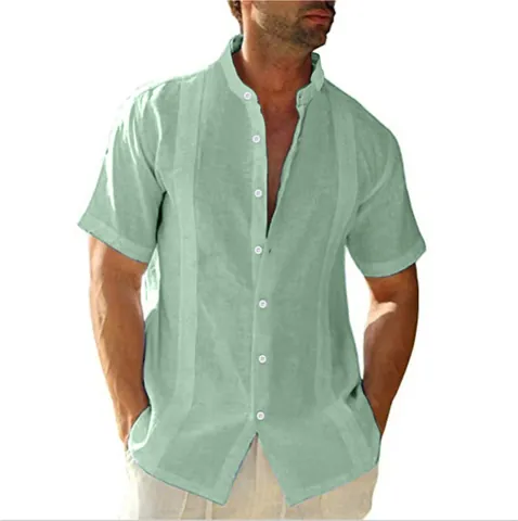 Chemise Décontractée pour Hommes en Mélange de Coton à Col Montant Manches Courtes Haut Couleur Unie Été Respirant Vêtements