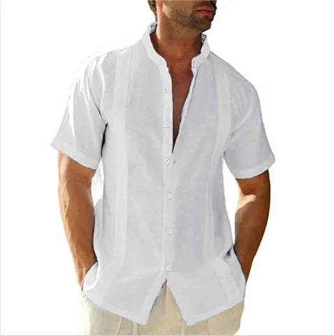 Chemise Décontractée pour Hommes en Mélange de Coton à Col Montant Manches Courtes Haut Couleur Unie Été Respirant Vêtements