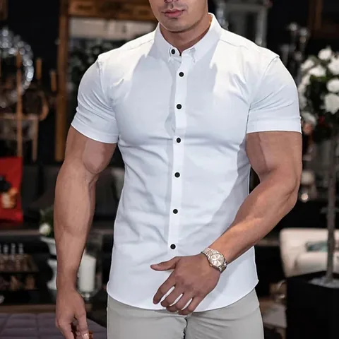 Men Muscle Fit Short Sleeve Polo Shirt Cotton Blend Solid Color Fitness Slim Gym Top Casual Summer Workout Sportswear Muscle Tee