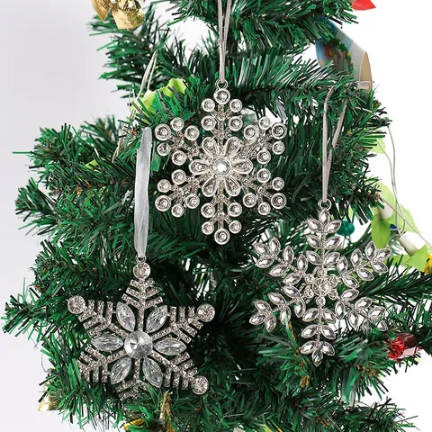 Weihnachten Zinklegierung Metall Schneeflocke Hängendes Ornament Mit Funkelnden Strasssteinen Silber Weihnachtsbaum Dekor Fest Party Zubehör