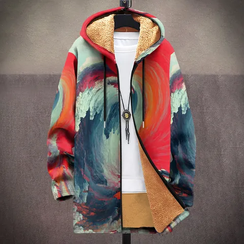Men 3D Printed Hooded Fleece Jacket Thickened Mid Length Winter Outdoor Top Windproof Polyester Padded Coat Trendy Graphic Geometric Patterned Outerwear For Youth Adults