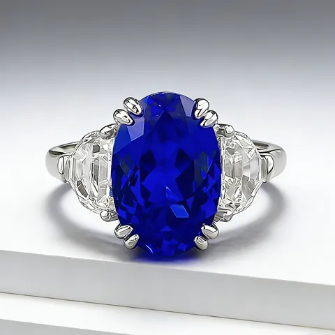 Luxury 925 Sterling Silver Oval Cobalt Blue Lab-Grown Sapphire Three-Stone Ring For Women Rhinestone Geometric Commuting Fashion Jewelry Finger Ring