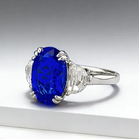 Luxury 925 Sterling Silver Oval Cobalt Blue Lab-Grown Sapphire Three-Stone Ring For Women Rhinestone Geometric Commuting Fashion Jewelry Finger Ring