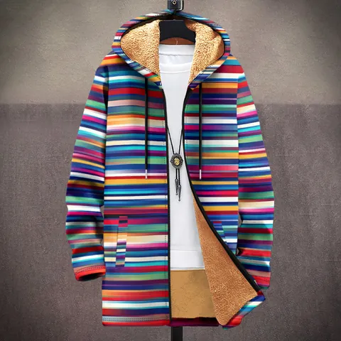 Men 3D Printed Hooded Fleece Jacket Thickened Mid Length Winter Outdoor Top Windproof Polyester Padded Coat Trendy Graphic Geometric Patterned Outerwear For Youth Adults