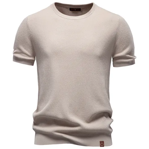 Men Short Sleeve T-Shirt Casual Solid Color Silky Drape Knit Top Round Neck Summer Tee