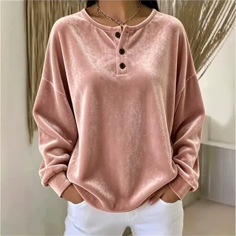 Damen Casual Einfarbig Polyester Samt Sweatshirt Henley-Ausschnitt Gestrickt Langarm Top Herbst Winter Lockeres Sweatshirt Für Damen