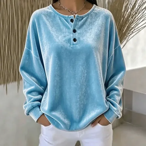 Damen Casual Einfarbig Polyester Samt Sweatshirt Henley-Ausschnitt Gestrickt Langarm Top Herbst Winter Lockeres Sweatshirt Für Damen