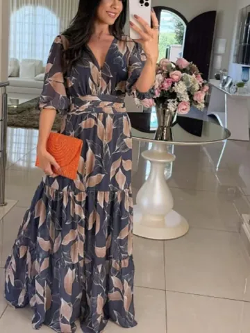 Elegant V-Neck Lantern Sleeve Leaf Print Maxi Dress For Women Summer High Waist Tiered Cake Skirt Casual Vacation Long Dress