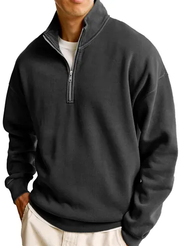 Men's Casual Half Zip Stand Collar Long Sleeve Sweatshirt Loose Solid Color Pullover Top American Retro Work Style