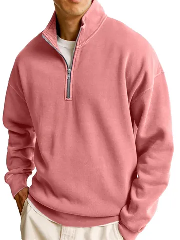 Men's Casual Half Zip Stand Collar Long Sleeve Sweatshirt Loose Solid Color Pullover Top American Retro Work Style