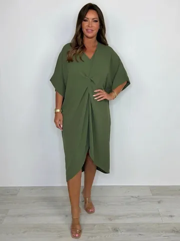 Women Summer Casual Loose Raglan Sleeve Solid Color Dress Polyester Spandex V-Neck Irregular Hem Twist Knot Midi Dress