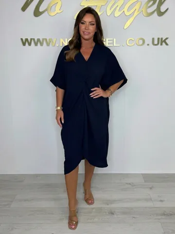 Women Summer Casual Loose Raglan Sleeve Solid Color Dress Polyester Spandex V-Neck Irregular Hem Twist Knot Midi Dress