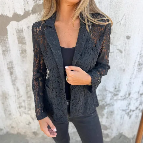 Women Fashion Casual Solid Color Lace Blazer Notched Lapel Long Sleeve Top Elegant Spring Summer Sheer Floral Lace Jacket