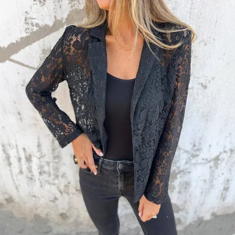 Women Fashion Casual Solid Color Lace Blazer Notched Lapel Long Sleeve Top Elegant Spring Summer Sheer Floral Lace Jacket