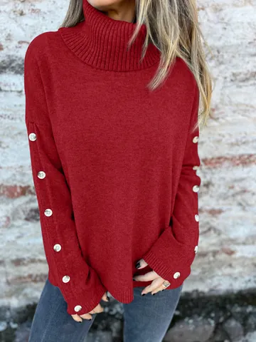 Women Casual High Neck Knit Sweater With Decorative Buttons Long Sleeve Loose Pullover Top Solid Color Winter Warm Knitwear