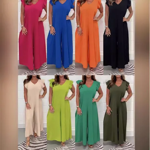 Women V-Neck Ruffle Jumpsuit Wide Leg Pants Solid Color Casual Sleeveless Flutter Sleeve One Piece Romper Party Summer Fashion