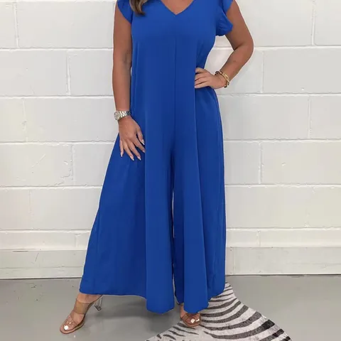Women V-Neck Ruffle Jumpsuit Wide Leg Pants Solid Color Casual Sleeveless Flutter Sleeve One Piece Romper Party Summer Fashion