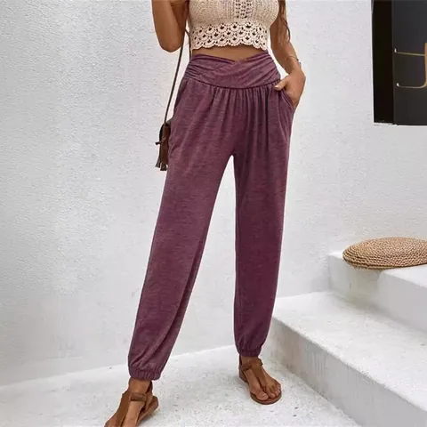 Women High Waist Crossover Joggers Casual Loose Lounge Pants With Pockets Cotton Blend Cuffed Hem Comfortable Bottoms