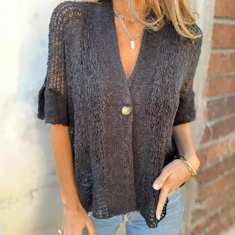 Women Hollow Out Knit Cardigan Cotton Blend V Neck Single Button Half Sleeve Crochet Top Casual Bohemian Beach Cover Up