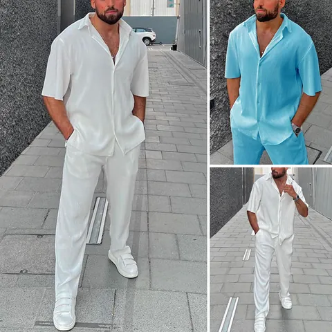 Ανδρικό Casual Σετ Πουκάμισο Και Παντελόνι Με Πλισέ Κάθετη Ρίγα Κοντομάνικο Πουκάμισο Top And Bottom Καλοκαιρινά Ρούχα Παραλίας
