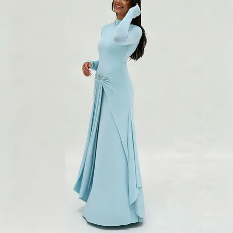 Elegant Space Cotton Long Sleeve Maxi Dress With Metal Buckle Ruched Slim Fit Solid Color Bodycon Dress For Women Casual Daily