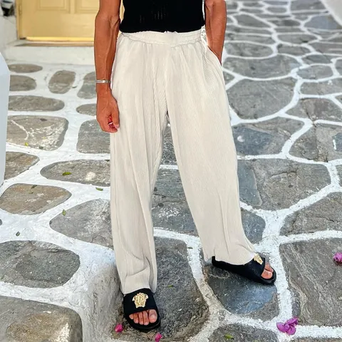 Ανδρικό Casual Σετ Πουκάμισο Και Παντελόνι Με Πλισέ Κάθετη Ρίγα Κοντομάνικο Πουκάμισο Top And Bottom Καλοκαιρινά Ρούχα Παραλίας