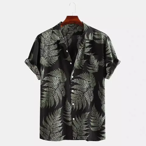 Men's Casual Tropical Leaf Print Short Sleeve Shirt Hawaiian Beach Button Down Loose Fit Vacation Cotton Blend Top