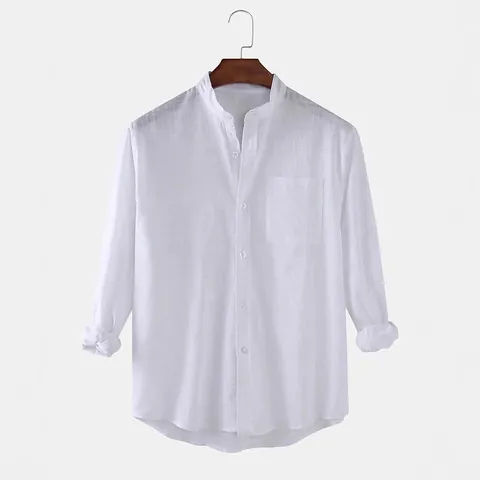 Men's Chinese Style Cotton Linen Casual Shirt Stand Collar Long Sleeve Loose Fit Breathable Solid Color Top Clothing