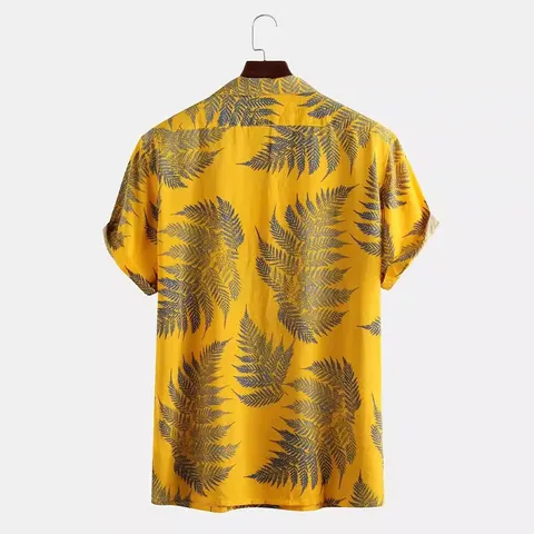 Men's Casual Tropical Leaf Print Short Sleeve Shirt Hawaiian Beach Button Down Loose Fit Vacation Cotton Blend Top