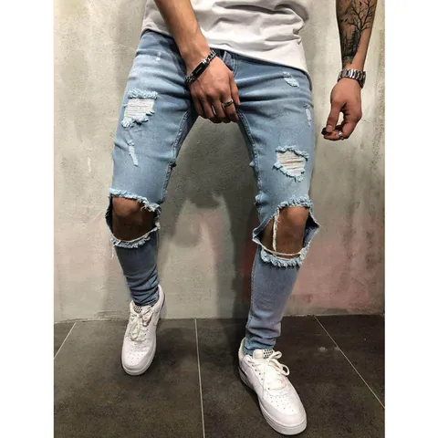 Men Slim Fit Ripped Jeans Skinny Distressed Denim Pants With Pleated Detail European Streetwear Casual Long Bottoms