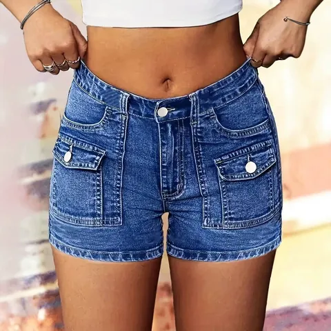 Pantaloncini di Jeans Donna a Vita Alta Lavati Blu Reale Cotone Hot Pants Tasche Multiple Stile Streetwear Pantaloni in Denim