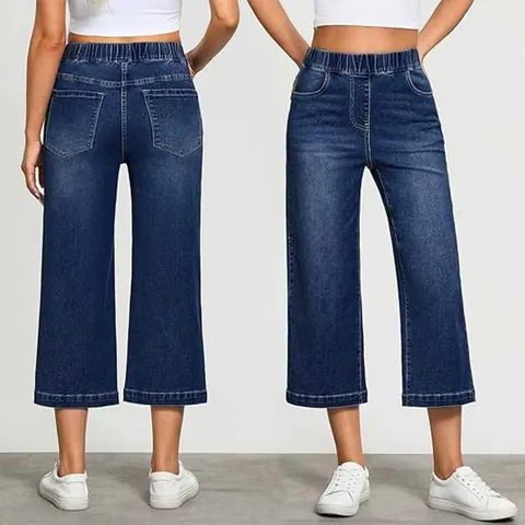 Women Casual High Waist Elastic Waist Straight Leg Jeans Washed Blue Cropped Denim Pants For Daily Wear Comfort Fashion Bottoms