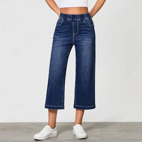 Women Casual High Waist Elastic Waist Straight Leg Jeans Washed Blue Cropped Denim Pants For Daily Wear Comfort Fashion Bottoms