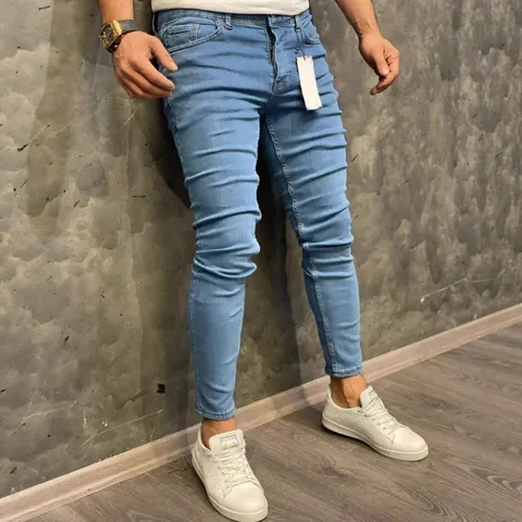 Men High Quality Stretch Skinny Jeans Slim Fit Washed Denim Bottoms European Style Mid Waist Cotton Long Trousers For Teenagers