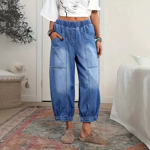 Women Vintage Washed Cotton Denim Culottes High Waist Elastic Wide Leg Cropped Jeans Retro Casual Loose Denim Bottoms