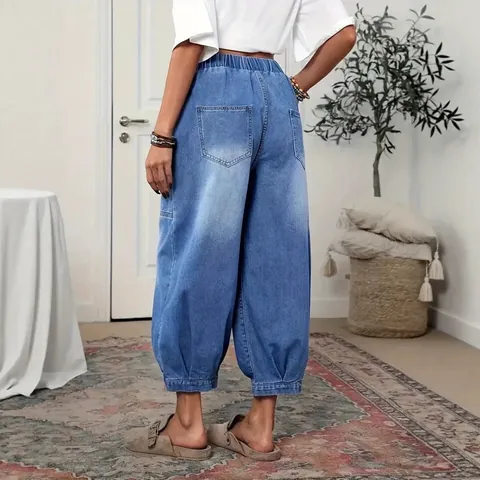 Women Vintage Washed Cotton Denim Culottes High Waist Elastic Wide Leg Cropped Jeans Retro Casual Loose Denim Bottoms