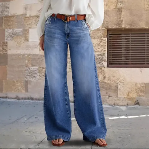 Damen Casual Baumwolle Denim Weites Bein Jeans Stern Bestickt Mittlere Taille Lange Hose Streetwear Stil Unten Ohne Gürtel