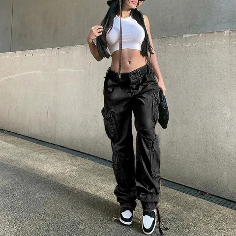 Women's Casual High Waist Multi Pocket Cargo Pants Streetwear Denim Cotton Solid Color Washed Straight Leg Bottom Trousers With Belt