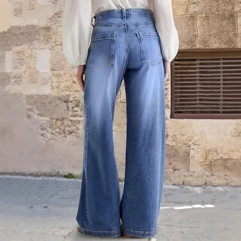 Damen Casual Baumwolle Denim Weites Bein Jeans Stern Bestickt Mittlere Taille Lange Hose Streetwear Stil Unten Ohne Gürtel