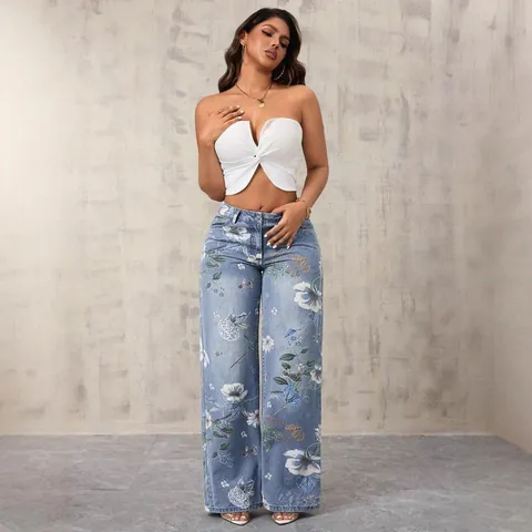 Women's American Streetwear Printed Jeans Retro Floral Pattern High Waist Wide Leg Denim Pants Vibe Style Loose Floor Length Trousers