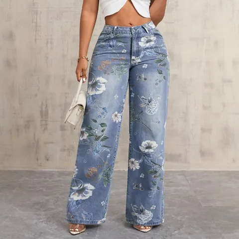 Women's American Streetwear Printed Jeans Retro Floral Pattern High Waist Wide Leg Denim Pants Vibe Style Loose Floor Length Trousers