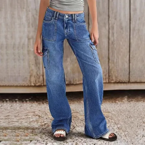 Jeans Cargo Femme Jambe Droite Multi-Poches Pantalon en Denim de Coton Extensible Taille Moyenne Streetwear Lavé