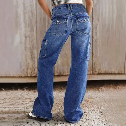 Jeans Cargo Femme Jambe Droite Multi-Poches Pantalon en Denim de Coton Extensible Taille Moyenne Streetwear Lavé