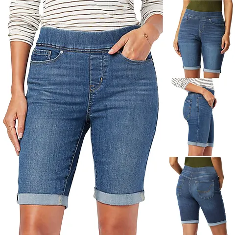 Bermuda en Jean Coupe Slim pour Femme Taille Haute Extensible Ourlet Retroussé Short en Jean Skinny Décontracté Avec Poches