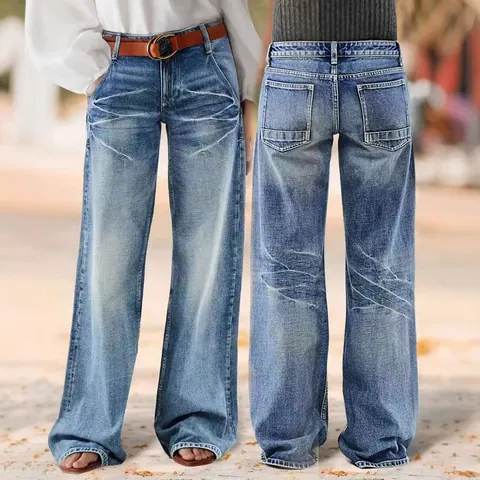 Dames Casual Straight Leg Denim Jeans Hoge Taille Gewassen Katoen Retro Wijde Pijpen Streetwear Veelzijdige Lange Broek Met Zakken