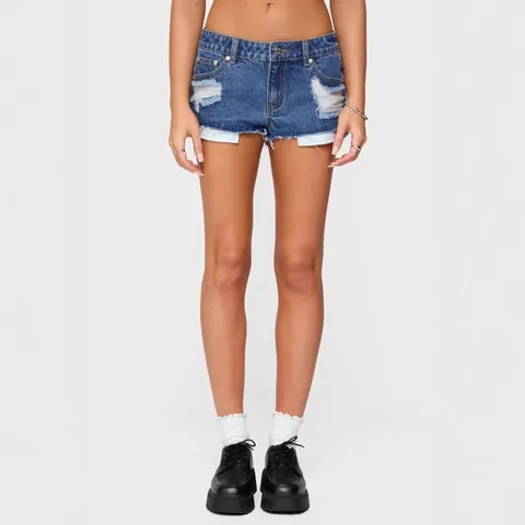 Pantaloncini di Denim Distressed a Vita Bassa da Donna Hot Pants in Cotone Lavato e Strappato Abbigliamento Estivo Streetwear