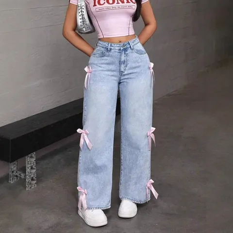 Jeans in Denim Lavato con Fiocco Y2K Streetwear da Donna a Vita Alta a Gamba Larga Dritti Stile Sweet Spice Girl Pantaloni in Denim Blu