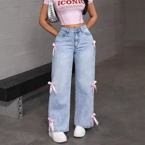 Jeans in Denim Lavato con Fiocco Y2K Streetwear da Donna a Vita Alta a Gamba Larga Dritti Stile Sweet Spice Girl Pantaloni in Denim Blu